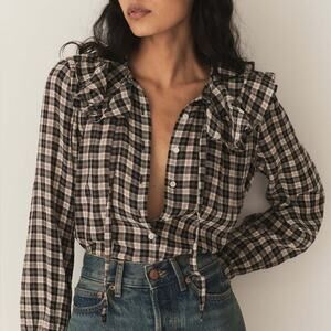 Doen Joelle Cotton Ruffle Collar Tie Long Sleeve Top Navy Countryside Plaid